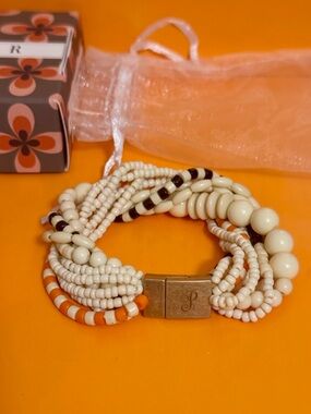 Plunder Ivory Black Orange Bracelet Beaded with Metal Clasp New with Box + Pouch
